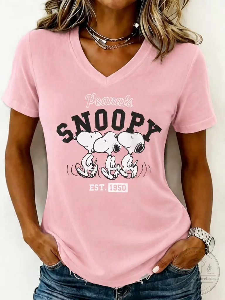 Peanuts Snoopy Walking Est. 1950 Pink V-Neck T-Shirt for Women 53 Peanuts Snoopy Walking Est. 1950 Pink V-Neck T-Shirt for Women