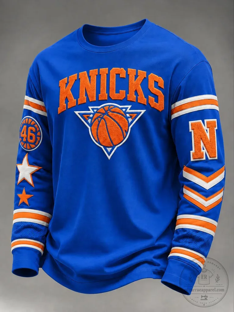 New York Knicks Basketball Team Blue Long-Sleeve Shirt
