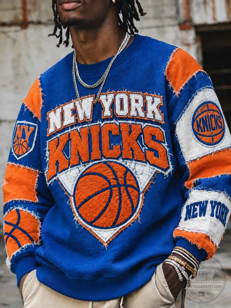 New York Knicks Basketball Team Patchwork Style Crewneck Sweatshirt