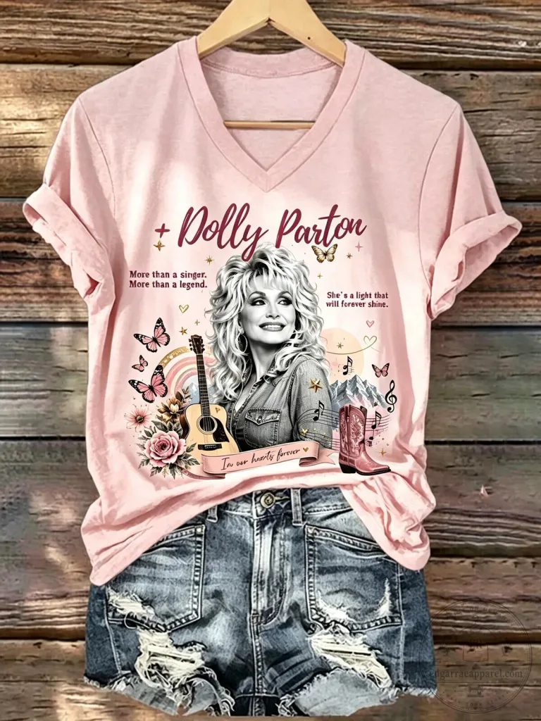 Dolly Parton Country Music Legend Graphic Print Pink V-Neck T-Shirt