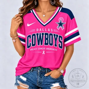 Dallas Cowboys Breast Cancer Awareness Pink V-Neck Football Jersey