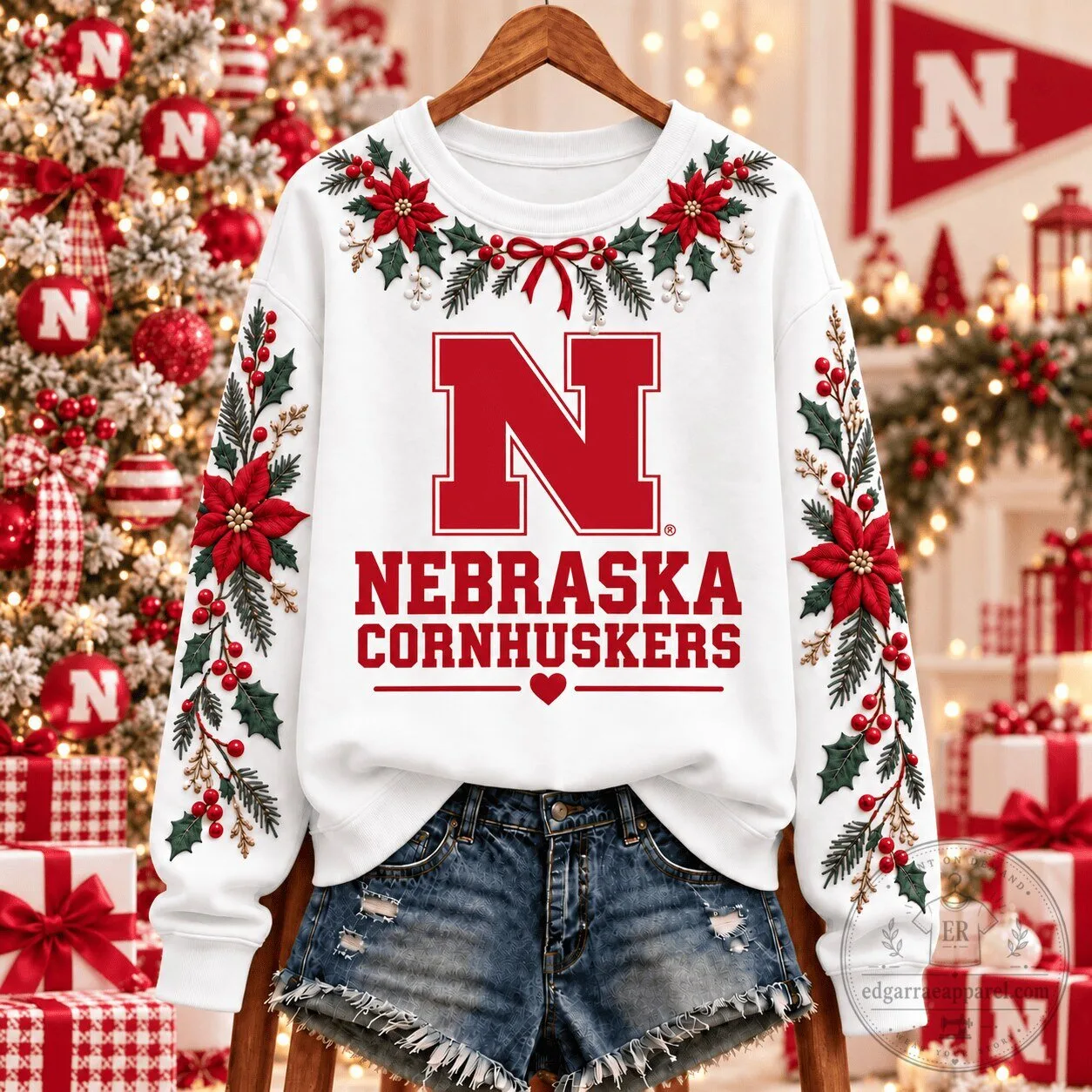 Nebraska Cornhuskers Christmas Floral Holiday Sweatshirt 3 Nebraska Cornhuskers Christmas Floral Holiday Sweatshirt