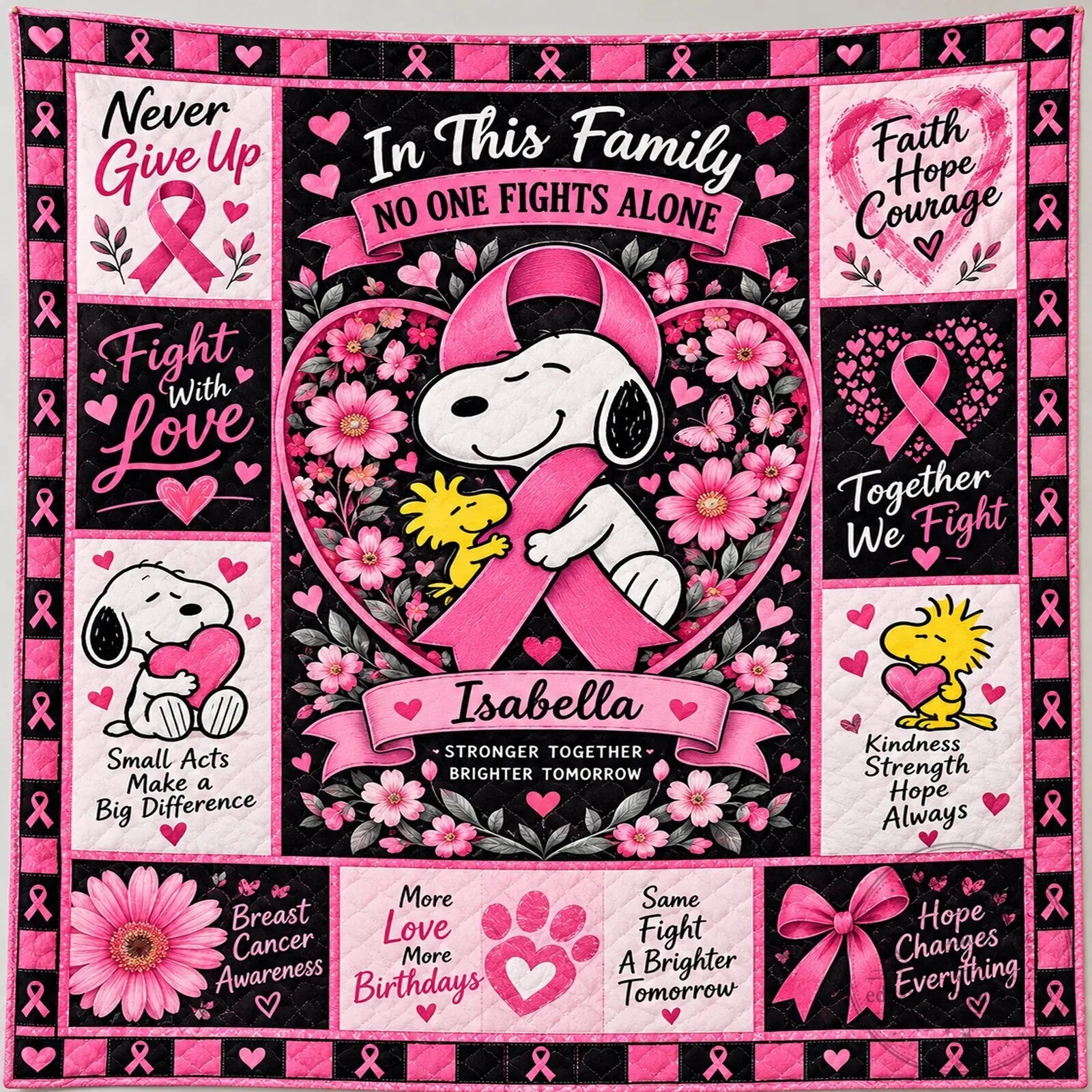 Snoopy Woodstock Breast Cancer Awareness Quilt No One Fights Alone Personalized Blanket 9 Snoopy Woodstock Breast Cancer Awareness Quilt No One Fights Alone Personalized Blanket