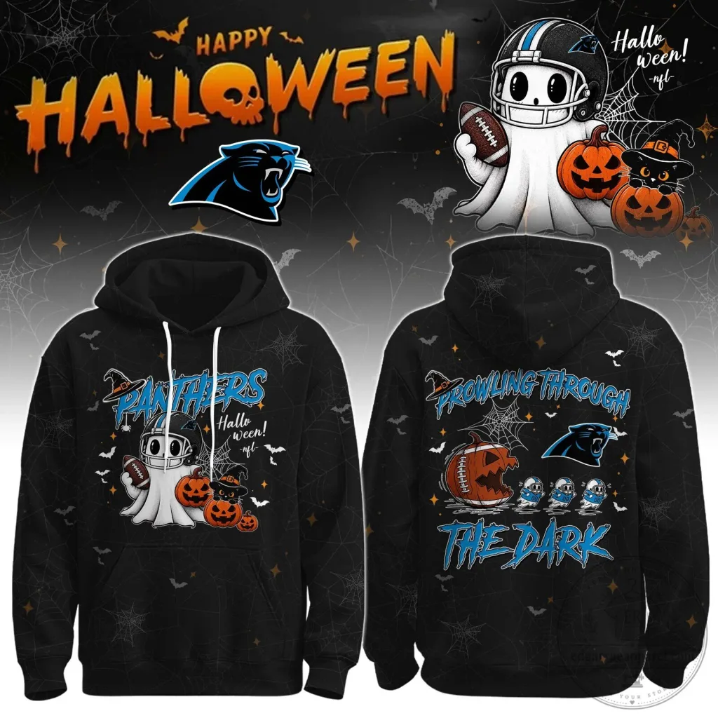 Black Hoodie Featuring a Ghost Prowling in the Dark for Carolina Panthers Halloween Black Hoodie Featuring a Ghost Prowling in the Dark for Carolina Panthers Halloween