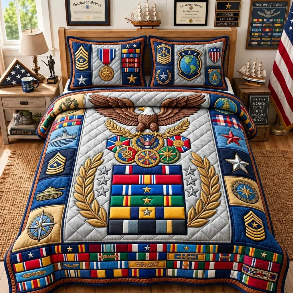 Military Medals of Valor Quilted Bedding Set with Eagle and Ribbons Military Medals of Valor Quilted Bedding Set with Eagle and Ribbons