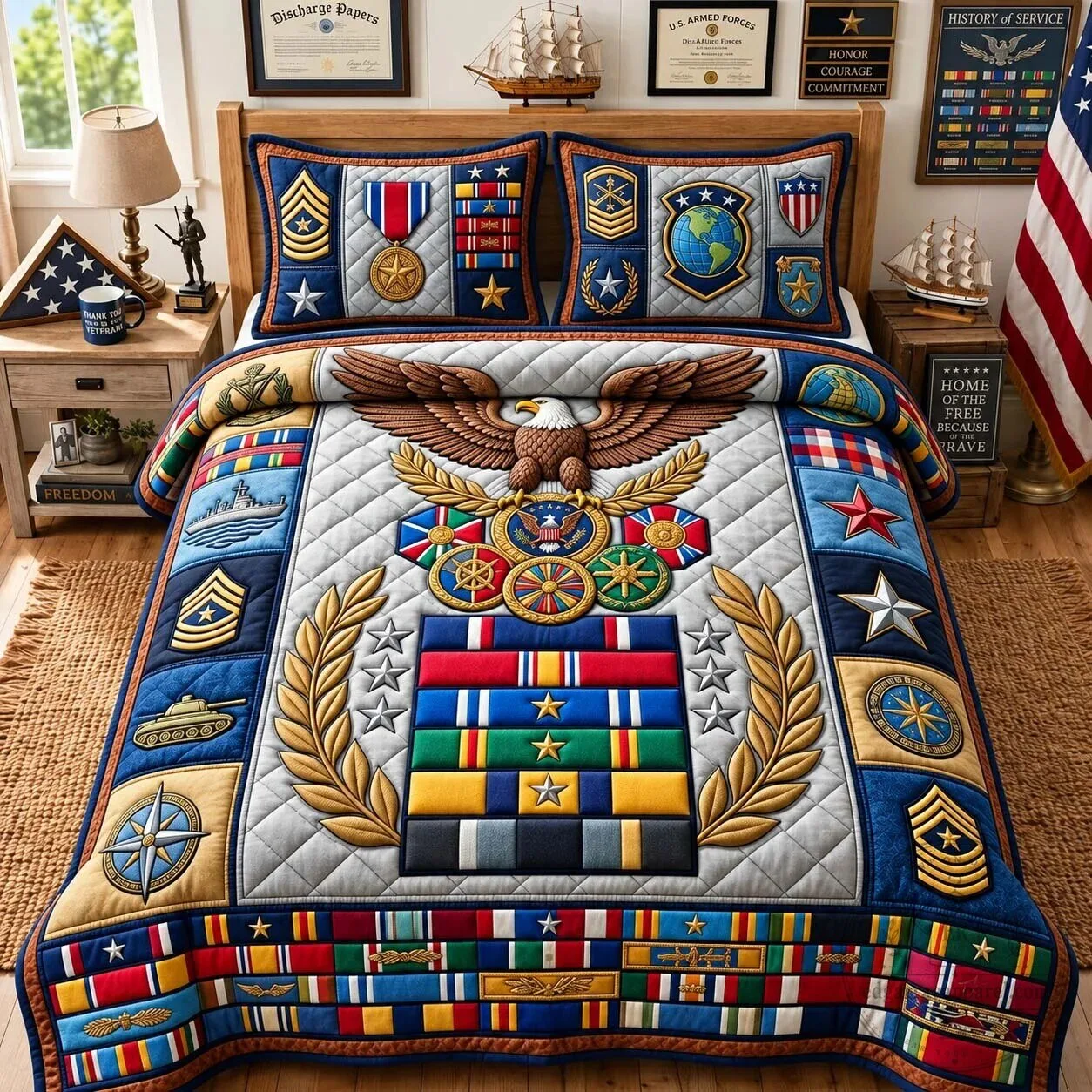 Military Medals of Valor Quilted Bedding Set with Eagle and Ribbons