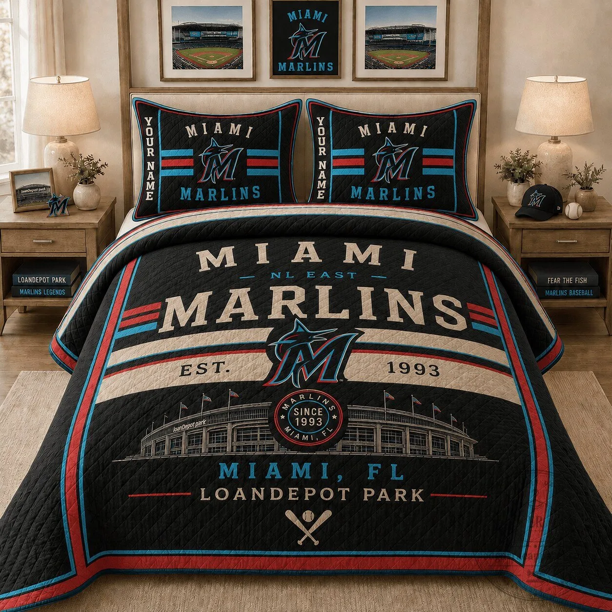 Miami Marlins Baseball Team Vintage Bedding Set with Personalized Pillowcases