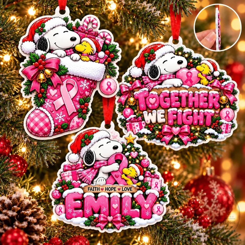 Snoopy Breast Cancer Awareness Christmas Tree Ornament Set Snoopy Breast Cancer Awareness Christmas Tree Ornament Set