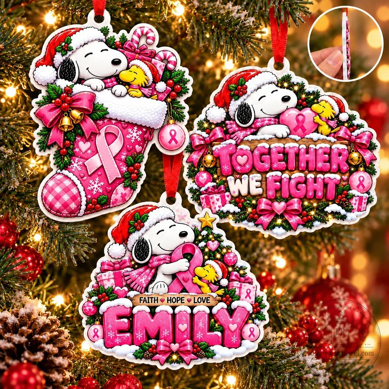 Snoopy Breast Cancer Awareness Christmas Tree Ornament Set