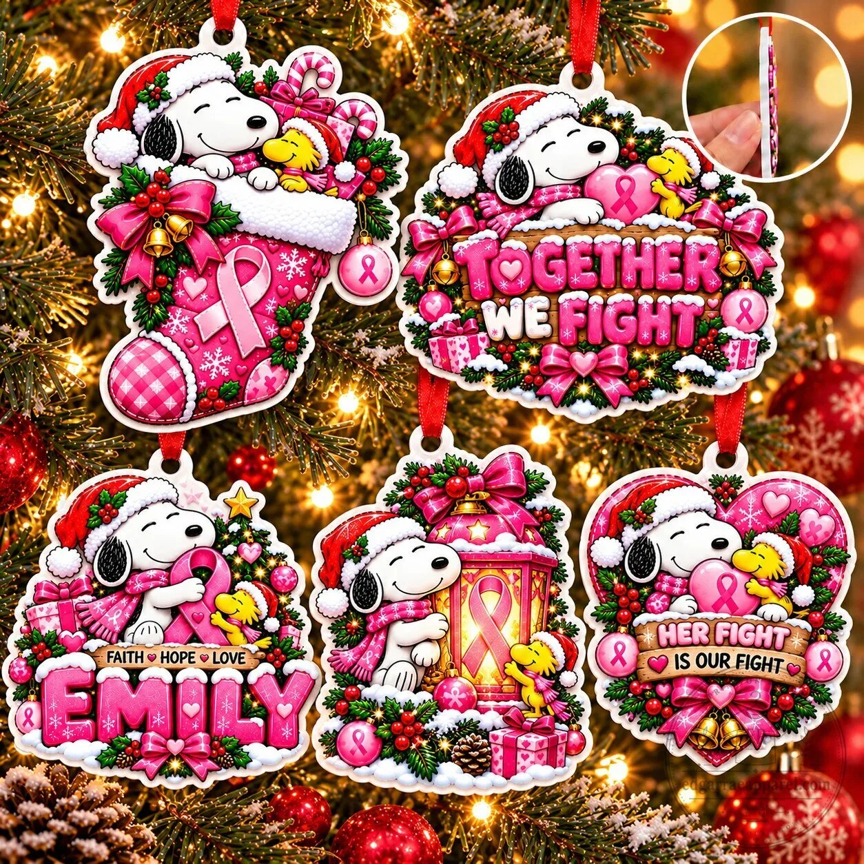 Snoopy Breast Cancer Awareness Christmas Tree Ornament Set 6 Snoopy Breast Cancer Awareness Christmas Tree Ornament Set