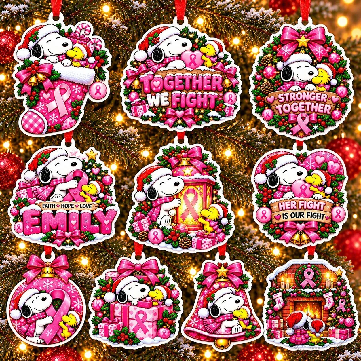 Snoopy Breast Cancer Awareness Christmas Tree Ornament Set 7 Snoopy Breast Cancer Awareness Christmas Tree Ornament Set