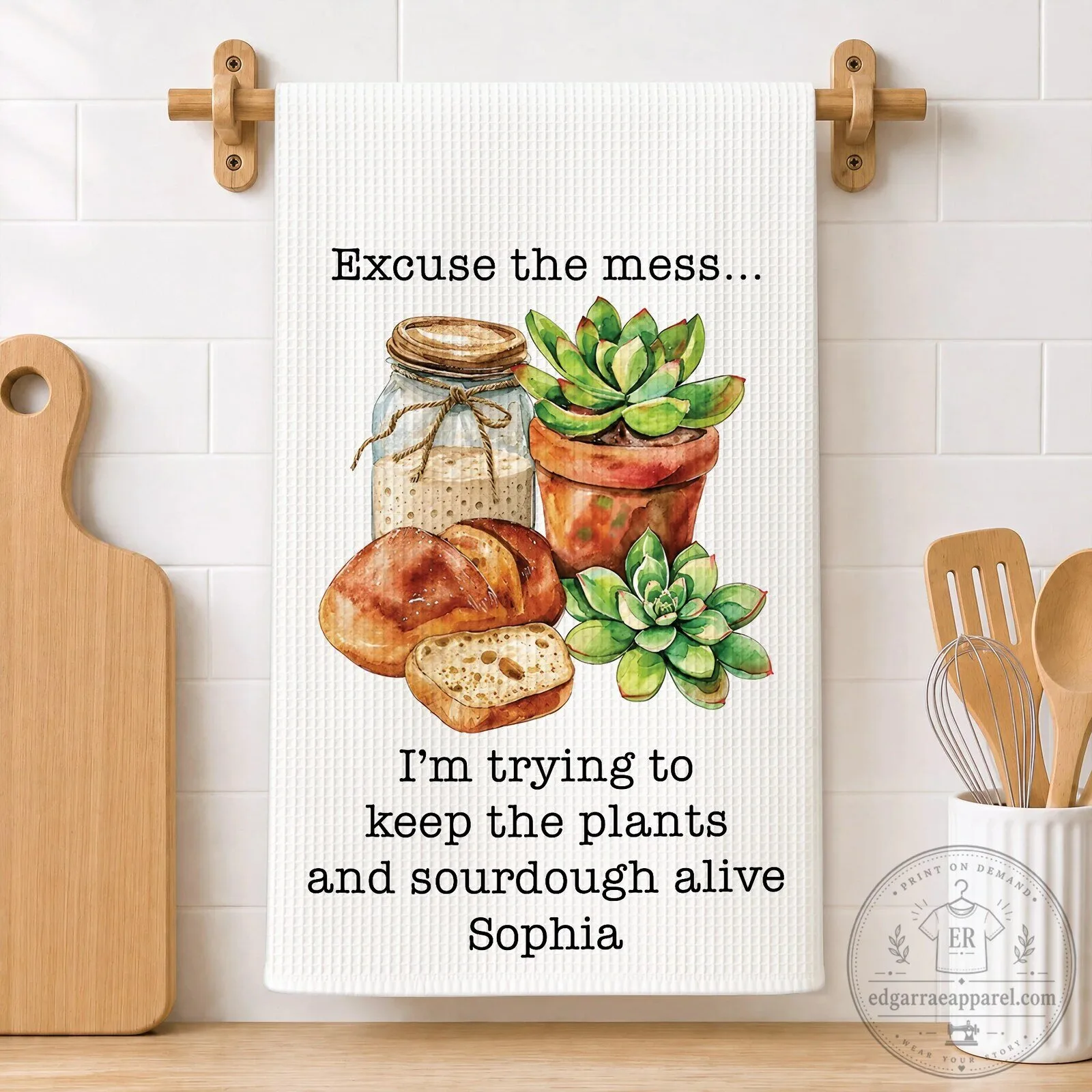 Personalized Sourdough and Succulent Kitchen Towel, Funny Housewarming Gift