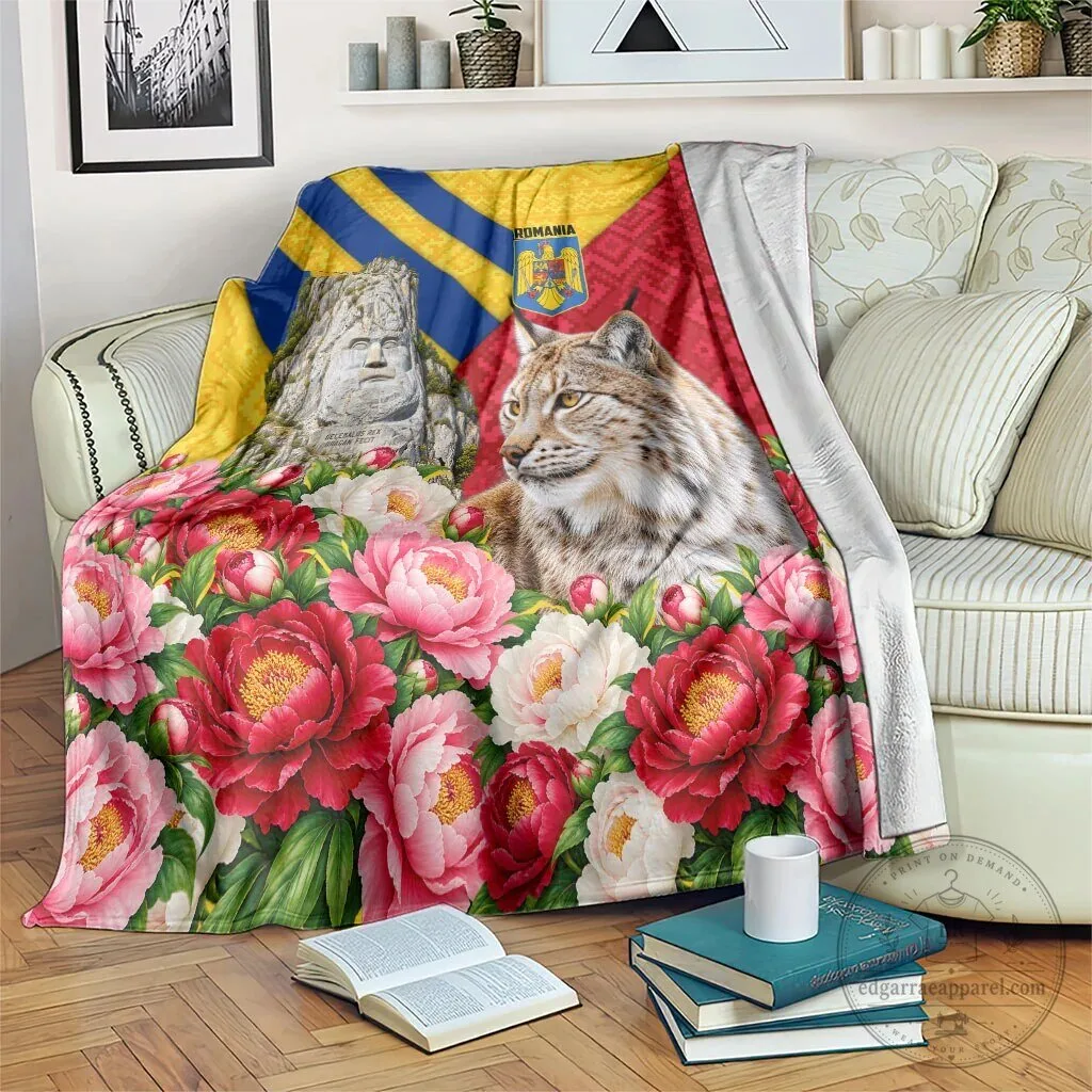 Romania Lynx and Decebalus Rex Traditional Folk Pattern Peony Floral Blanket 8 Romania Lynx and Decebalus Rex Traditional Folk Pattern Peony Floral Blanket