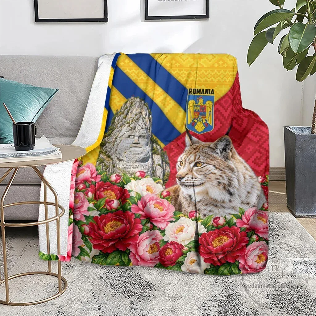 Romania Lynx and Decebalus Rex Traditional Folk Pattern Peony Floral Blanket 12 Romania Lynx and Decebalus Rex Traditional Folk Pattern Peony Floral Blanket