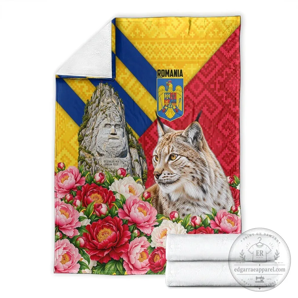 Romania Lynx and Decebalus Rex Traditional Folk Pattern Peony Floral Blanket 13 Romania Lynx and Decebalus Rex Traditional Folk Pattern Peony Floral Blanket