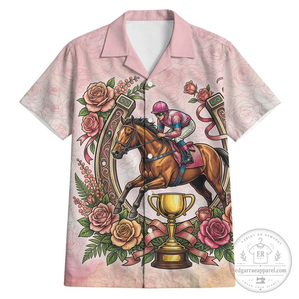 Melbourne Horse Racing Jockey Floral Horseshoe Pink Rose Hawaiian Shirt