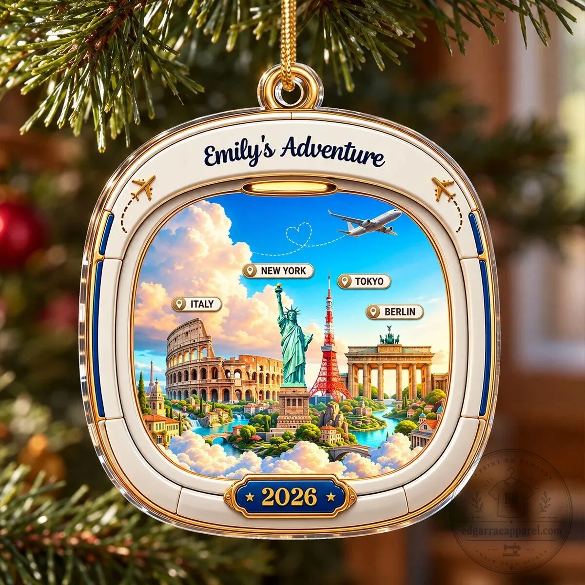 Personalized Travel Destination Landmarks Airplane Window Christmas Ornament