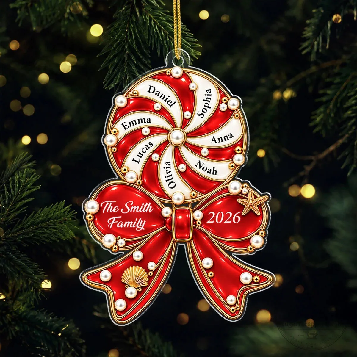 Personalized Family Names Peppermint Candy Swirl Red Bow Christmas Ornament