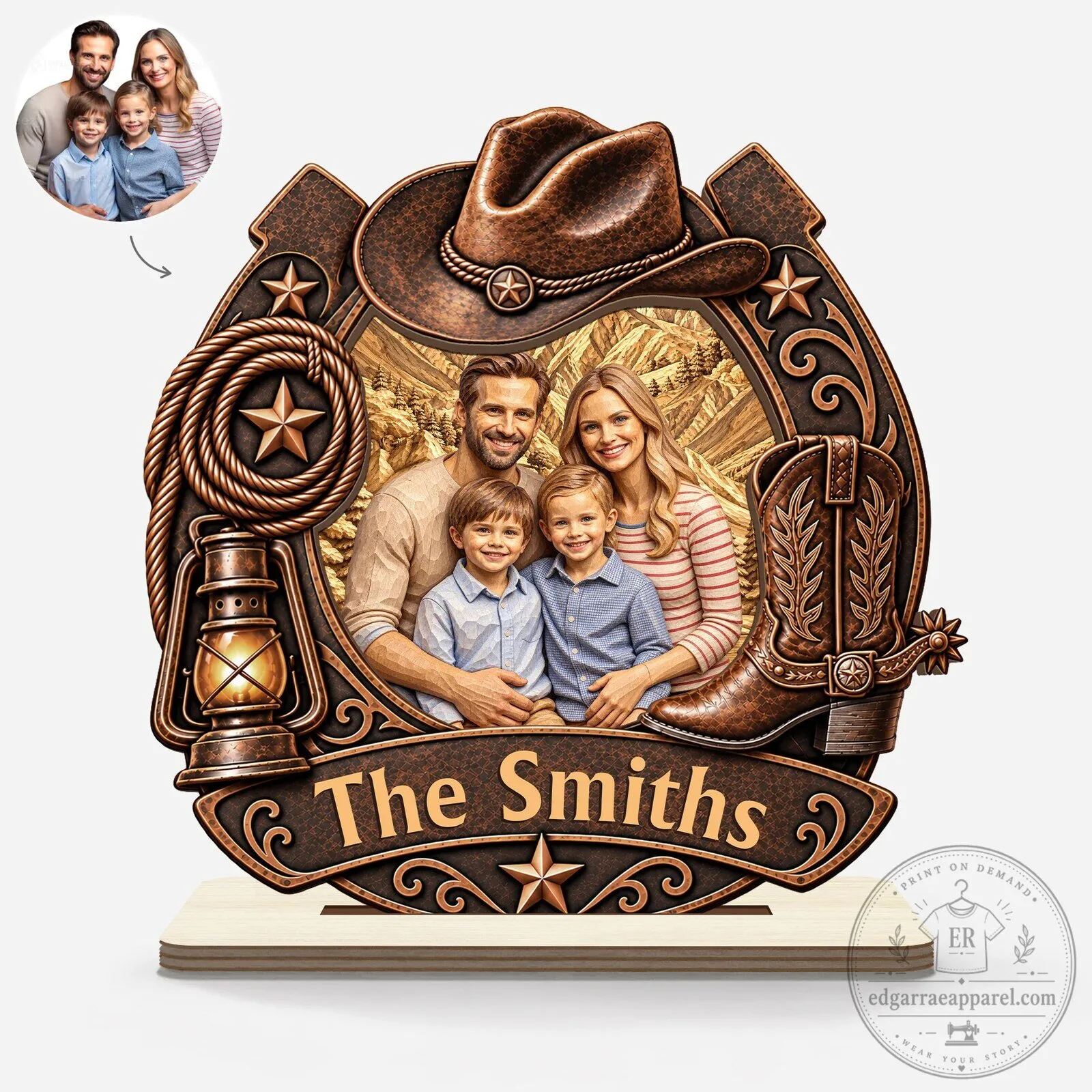 Personalized Western Cowboy Family Portrait Wooden Plaque