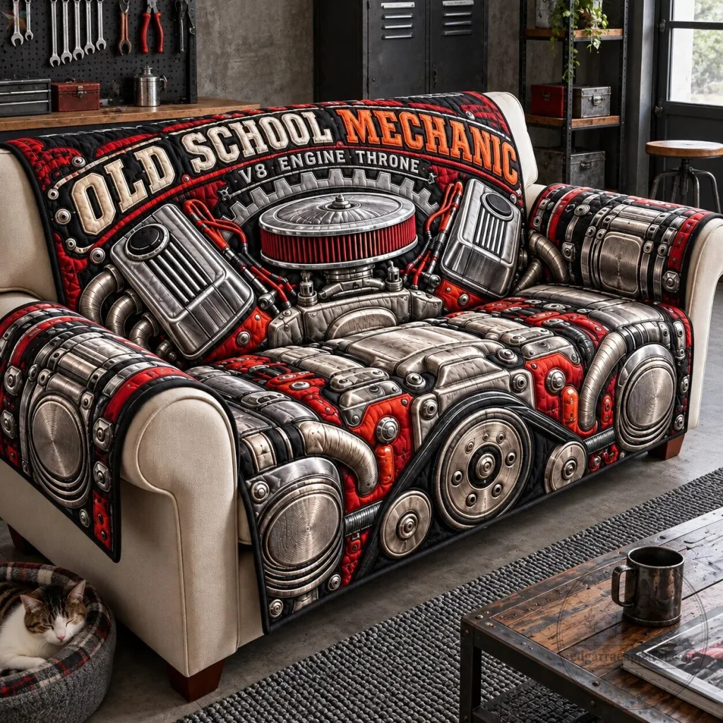 Old School Mechanic V8 Engine Throne Quilted Sofa Cover Old School Mechanic V8 Engine Throne Quilted Sofa Cover