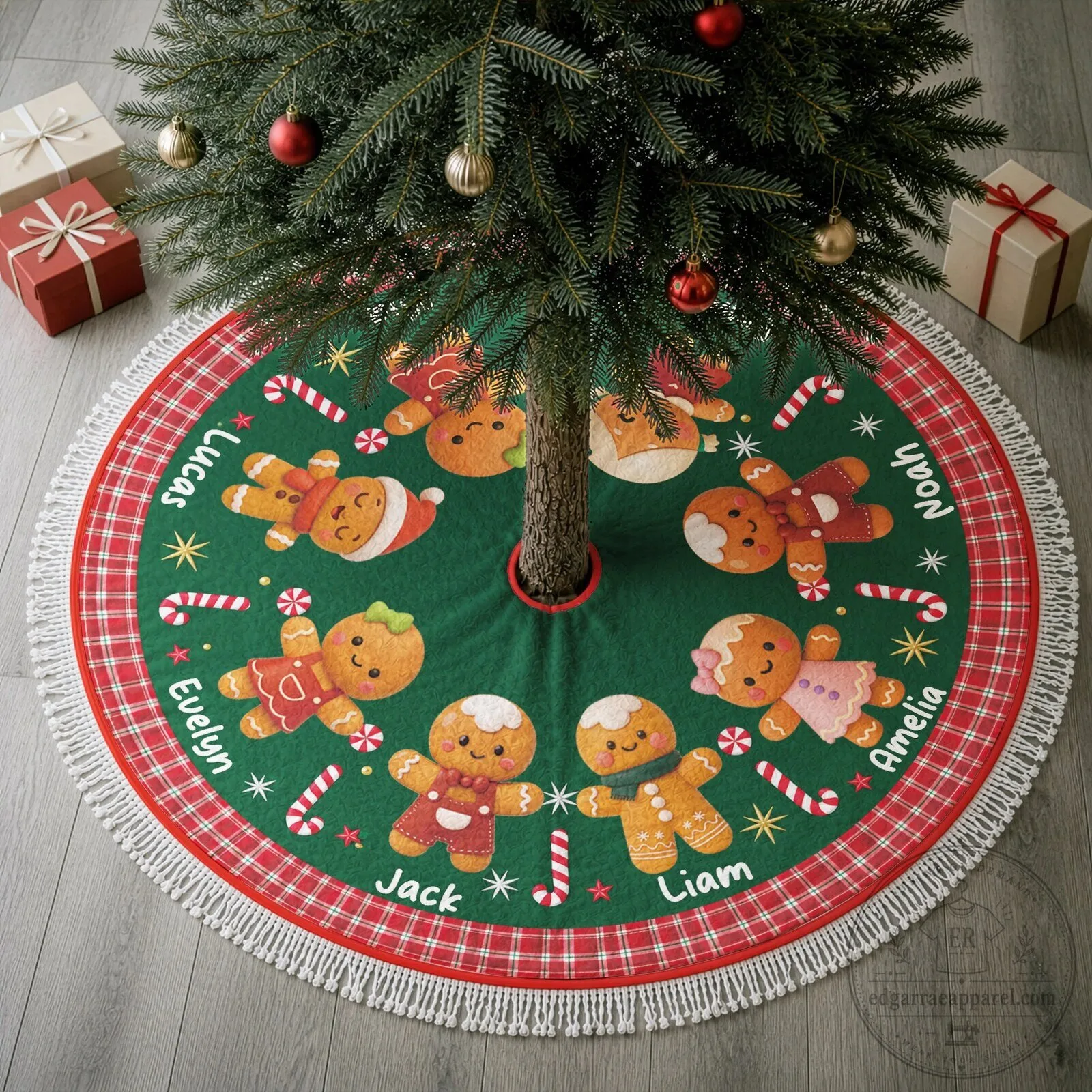 Personalized Gingerbread Family Christmas Tree Skirt with Candy Cane Design