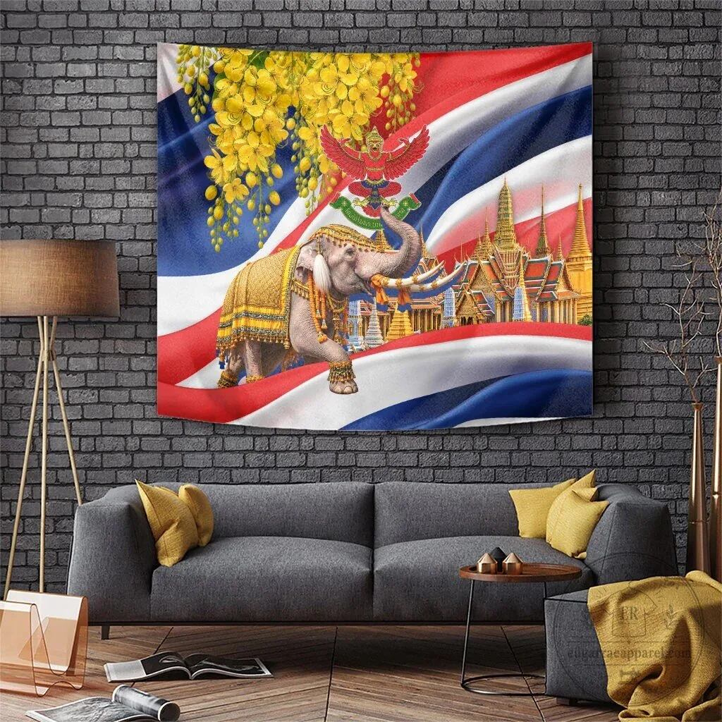 Thailand Flag Golden Elephant Temple Garuda Cassia Flower Wall Tapestry