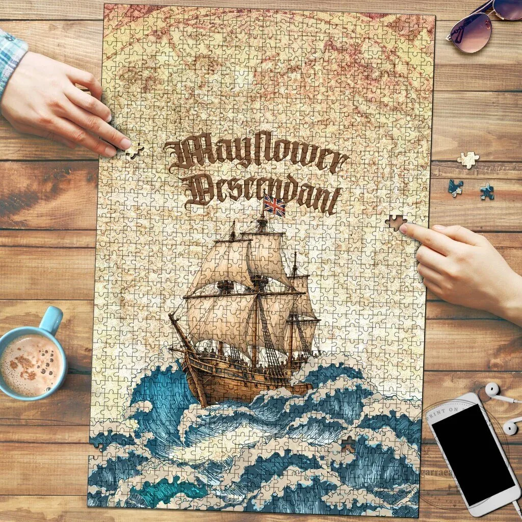 Mayflower Descendant Ship Nautical Map Vintage Ocean Waves Jigsaw Puzzle
