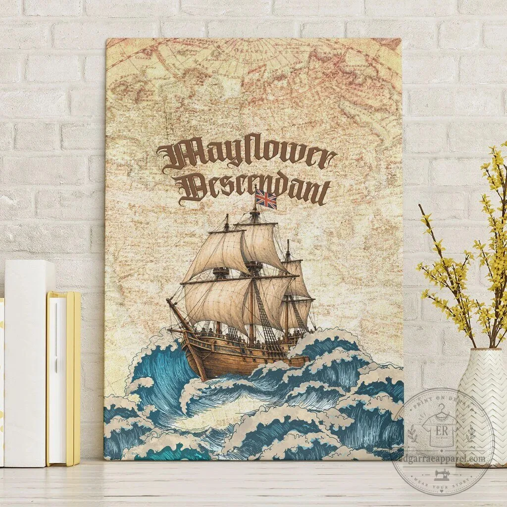 Mayflower Descendant Vintage Nautical Map Ocean Waves Canvas Wall Art