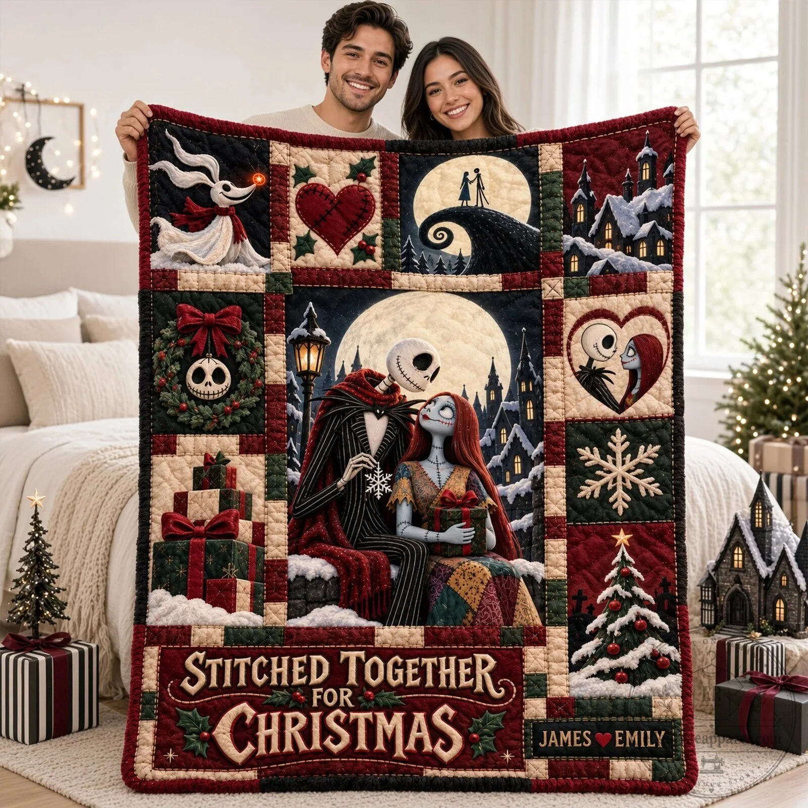 Nightmare Before Christmas Stitched Together For Christmas Personalized Blanket
