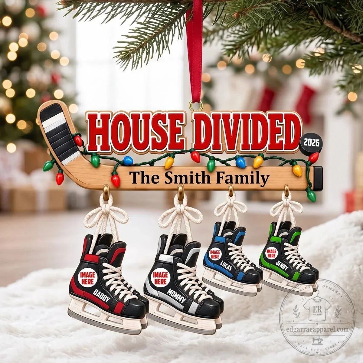 Personalized House Divided Ice Hockey Family Christmas Tree Ornament