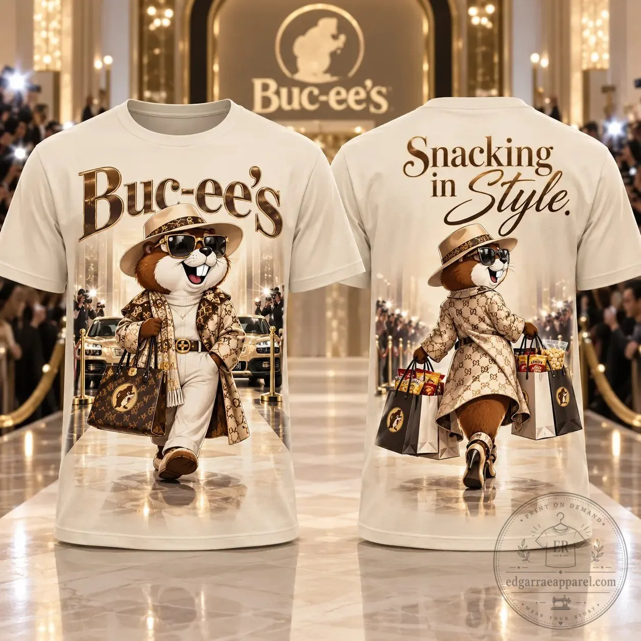 Buc-ee’s Fashion Shopper Cream T-Shirt for Road Trip Fans Who Love Snacking in Style