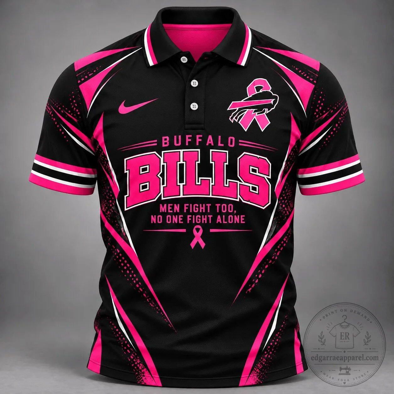 Buffalo Bills Men Fight Too No One Fights Alone Breast Cancer Awareness Polo Shirt