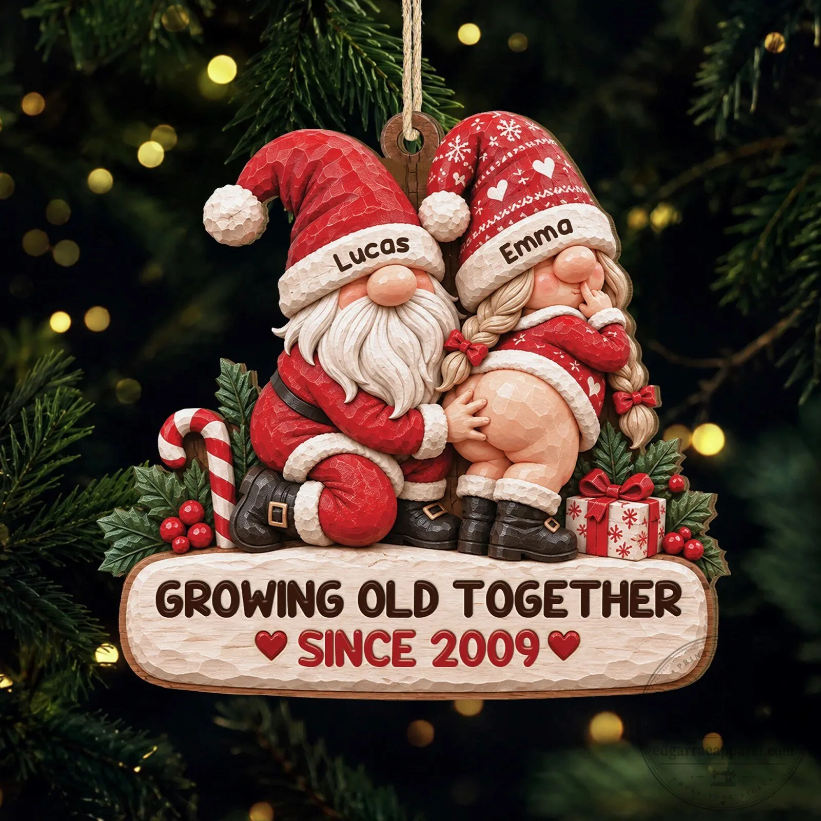 Custom Ornament of a Christmas Gnome Couple Celebrating Aging Together