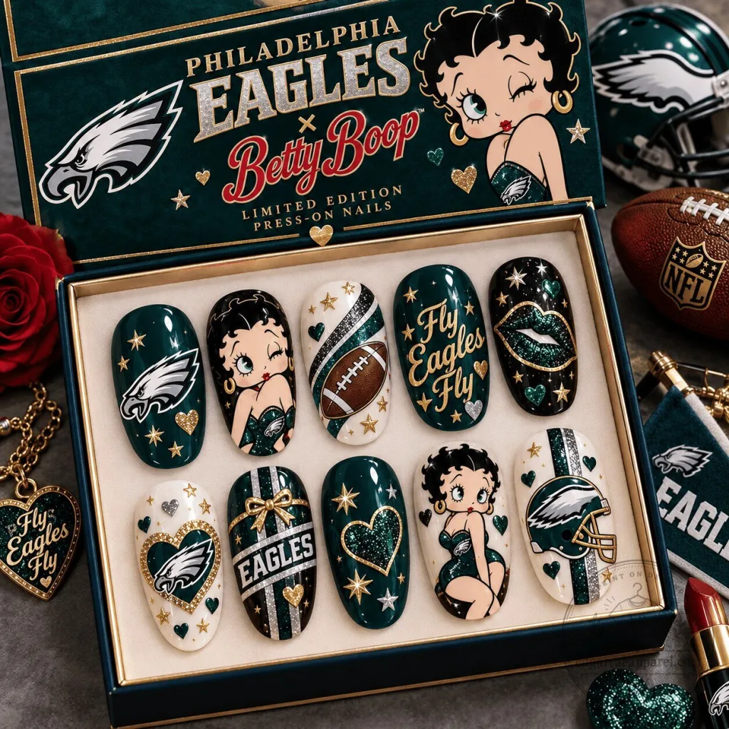 Philadelphia Eagles Betty Boop Glamorous Football Fan Press-On Nails Set Philadelphia Eagles Betty Boop Glamorous Football Fan Press-On Nails Set
