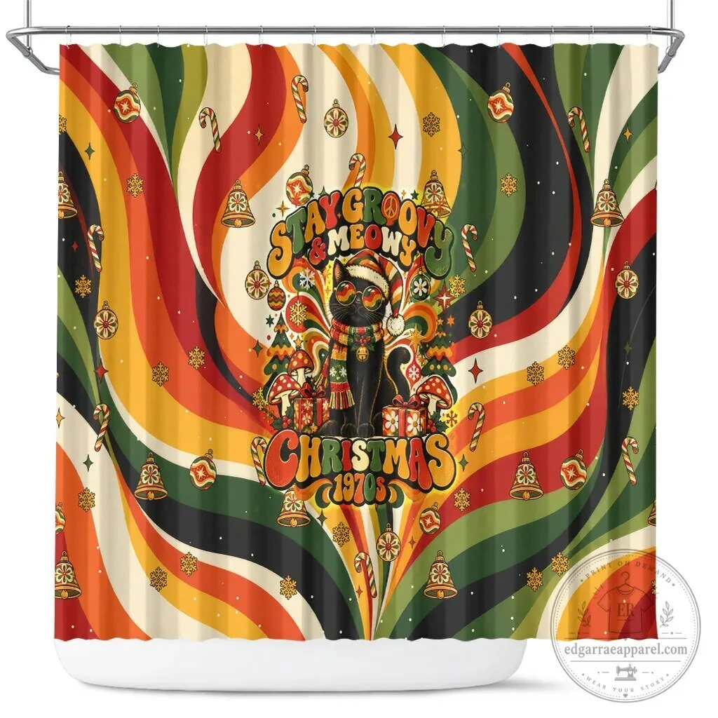 Stay Groovy Meowy Christmas Black Cat Vintage 1970s Retro Holiday Shower Curtain
