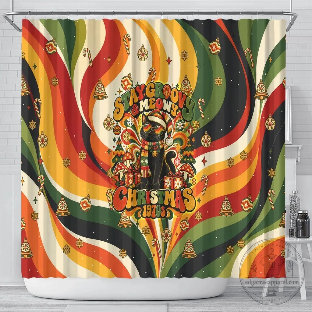 Stay Groovy Meowy Christmas Black Cat Vintage 1970s Retro Holiday Shower Curtain 8 Stay Groovy Meowy Christmas Black Cat Vintage 1970s Retro Holiday Shower Curtain