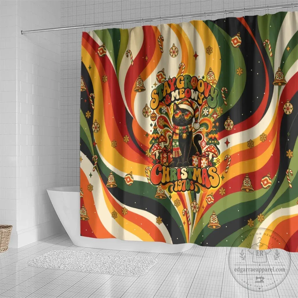 Stay Groovy Meowy Christmas Black Cat Vintage 1970s Retro Holiday Shower Curtain 9 Stay Groovy Meowy Christmas Black Cat Vintage 1970s Retro Holiday Shower Curtain