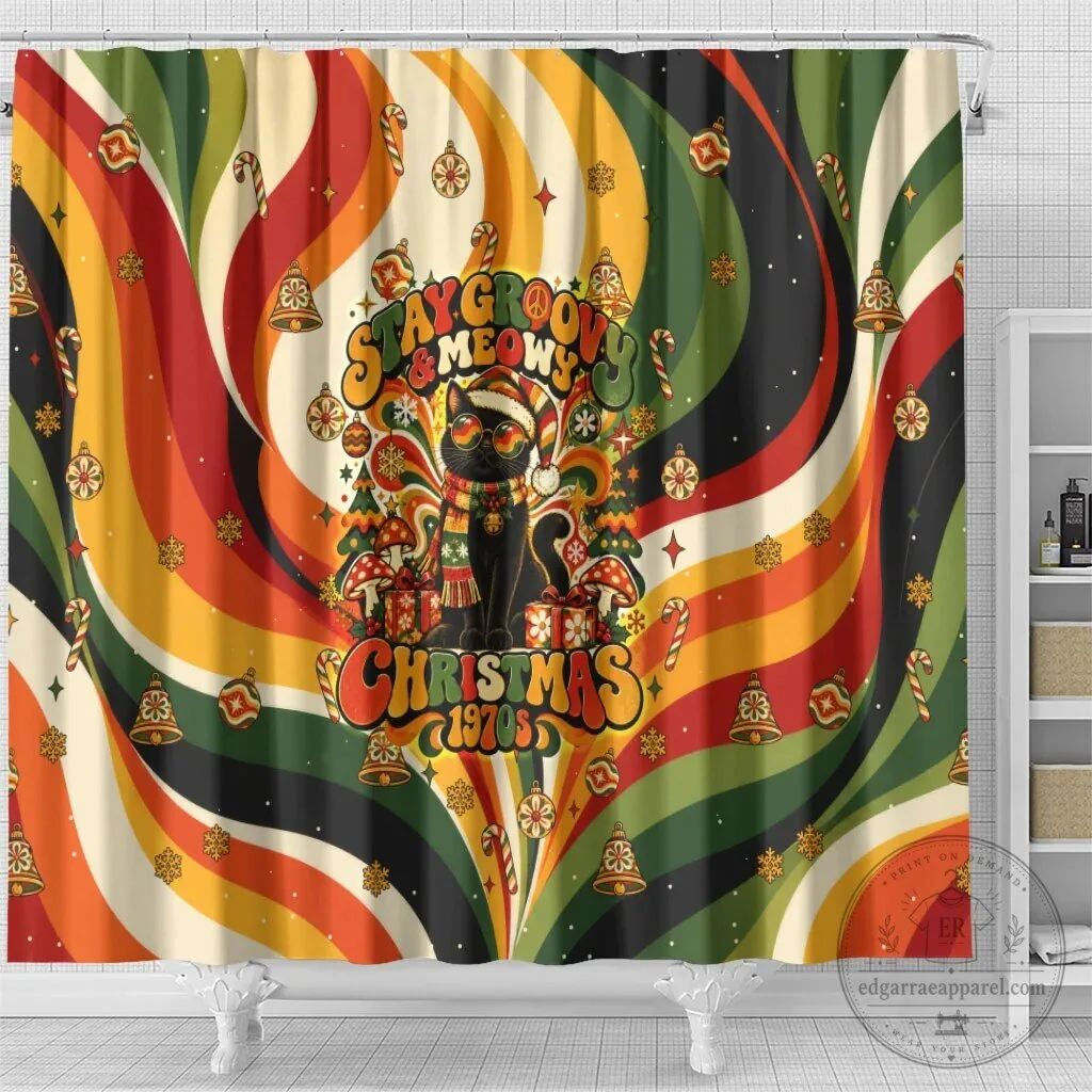 Stay Groovy Meowy Christmas Black Cat Vintage 1970s Retro Holiday Shower Curtain 11 Stay Groovy Meowy Christmas Black Cat Vintage 1970s Retro Holiday Shower Curtain
