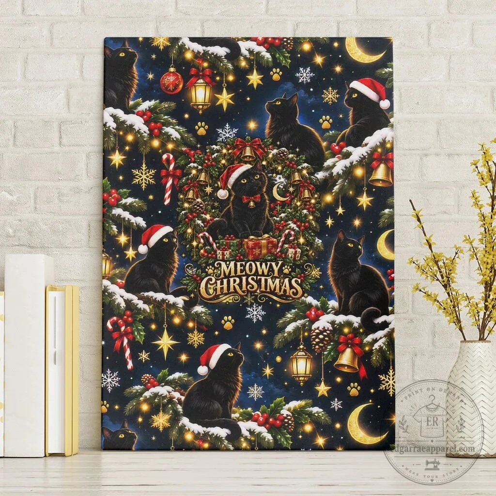 Black Cat Meowy Christmas Holiday Festive Night Tree Snow Stars Canvas Wall Art