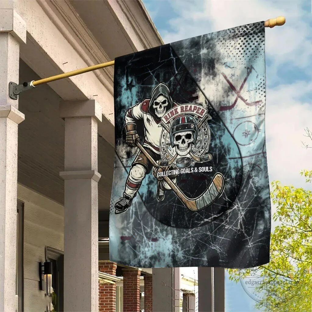 Rink Reaper Collecting Goals and Souls Ice Hockey Skeleton Player Flag
