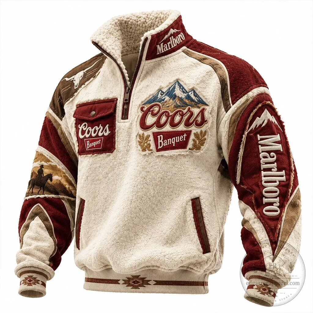 Vintage Western Style Sherpa Fleece Jacket featuring Marlboro Coors Banquet Beer 2 Vintage Western Style Sherpa Fleece Jacket featuring Marlboro Coors Banquet Beer