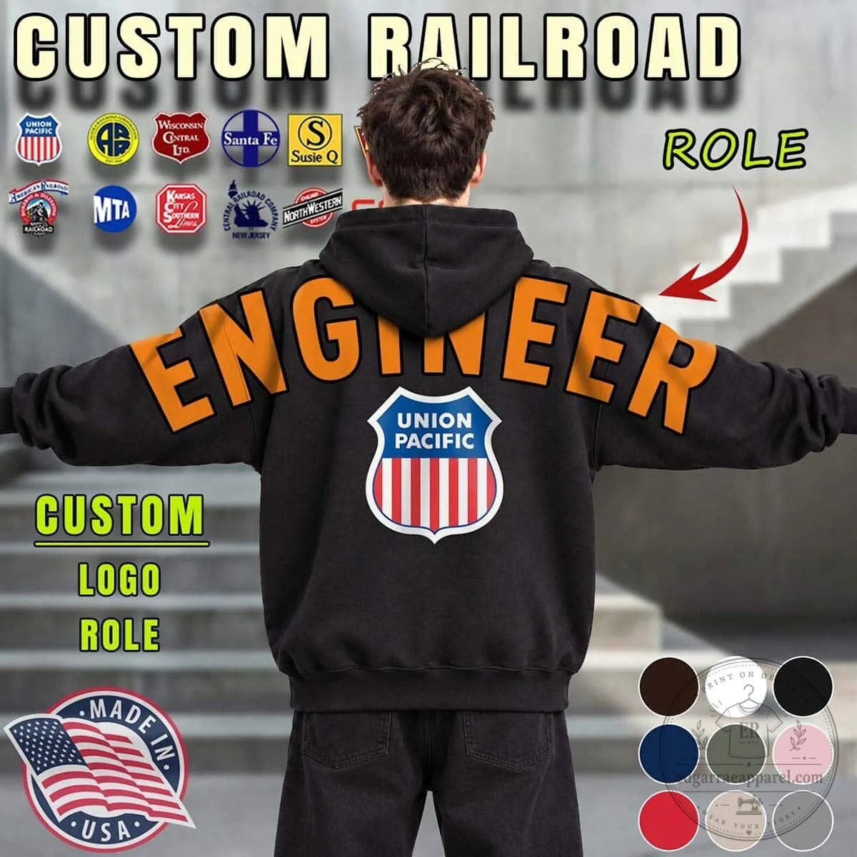 Union Pacific Railroad Engineer Black Hoodie with Custom Logo Role