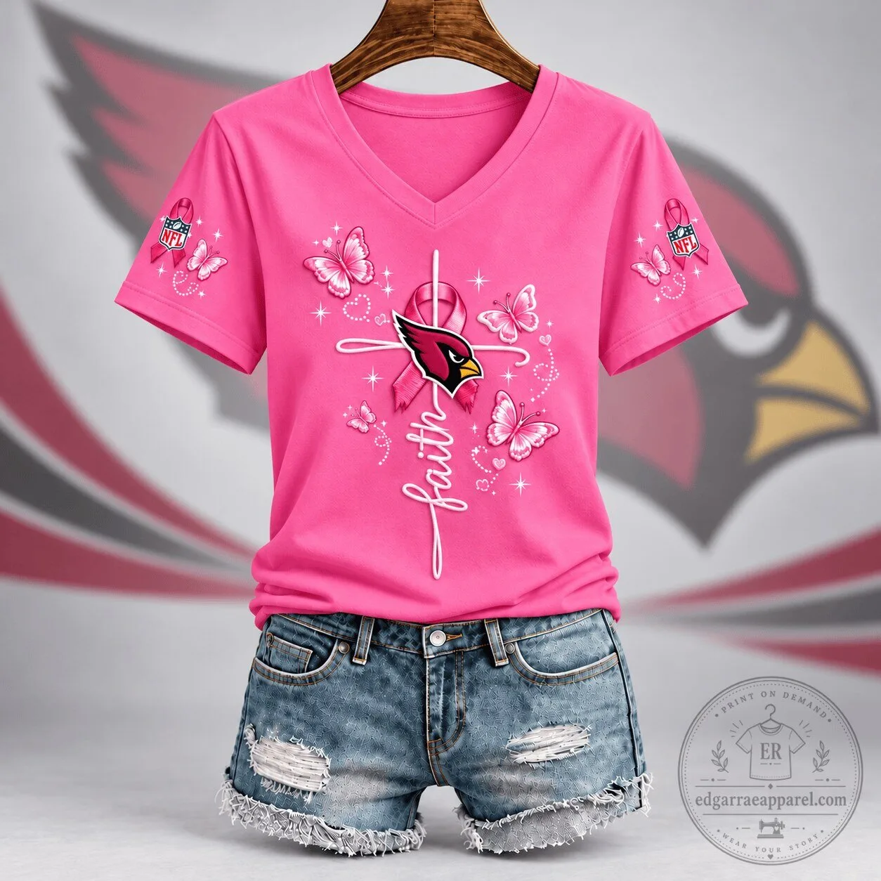 Arizona Cardinals Faith Hope Love Breast Cancer Awareness Pink V-Neck T-Shirt