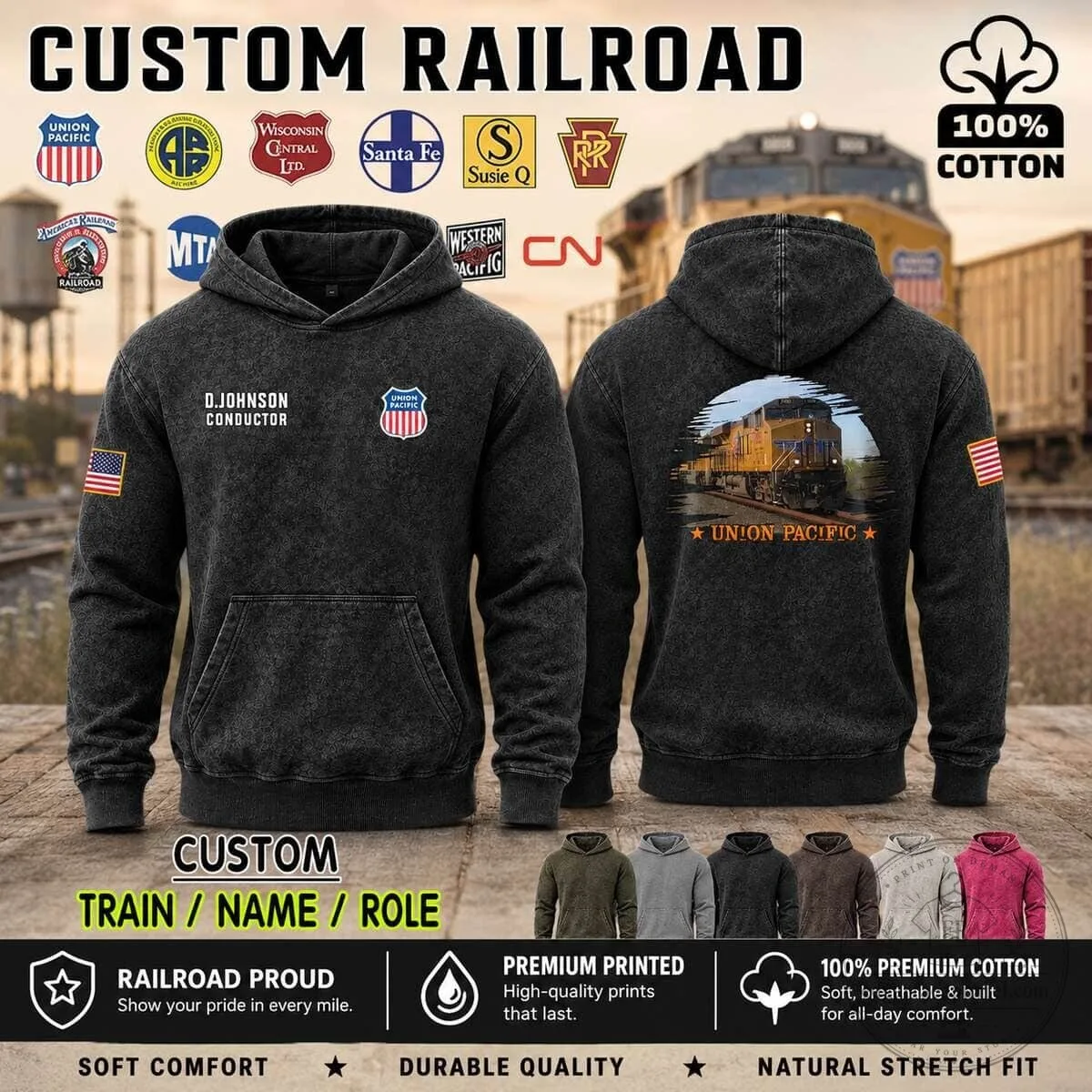 Union Pacific Railroad Train Conductor Custom Name Washed Cotton Hoodie