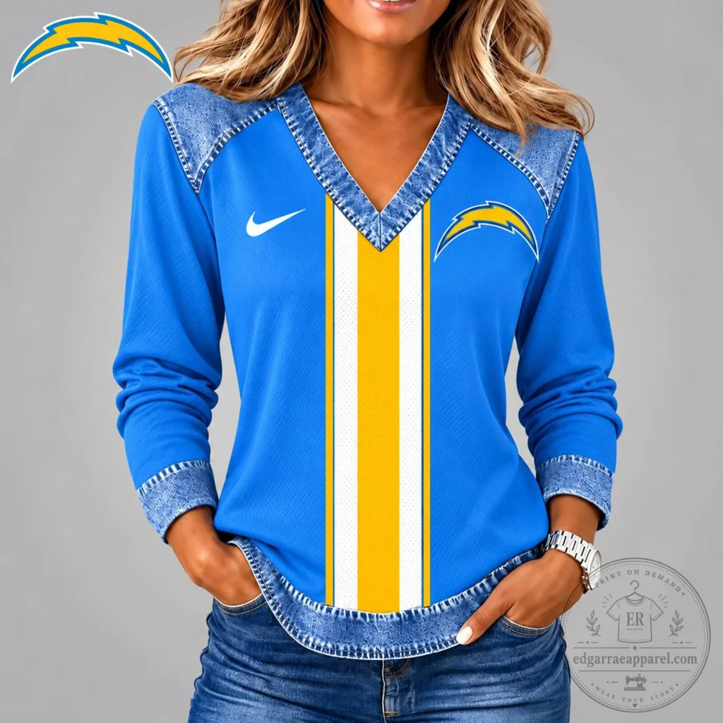 Los Angeles Chargers Football Team Blue Long Sleeve V-Neck Shirt Los Angeles Chargers Football Team Blue Long Sleeve V-Neck Shirt