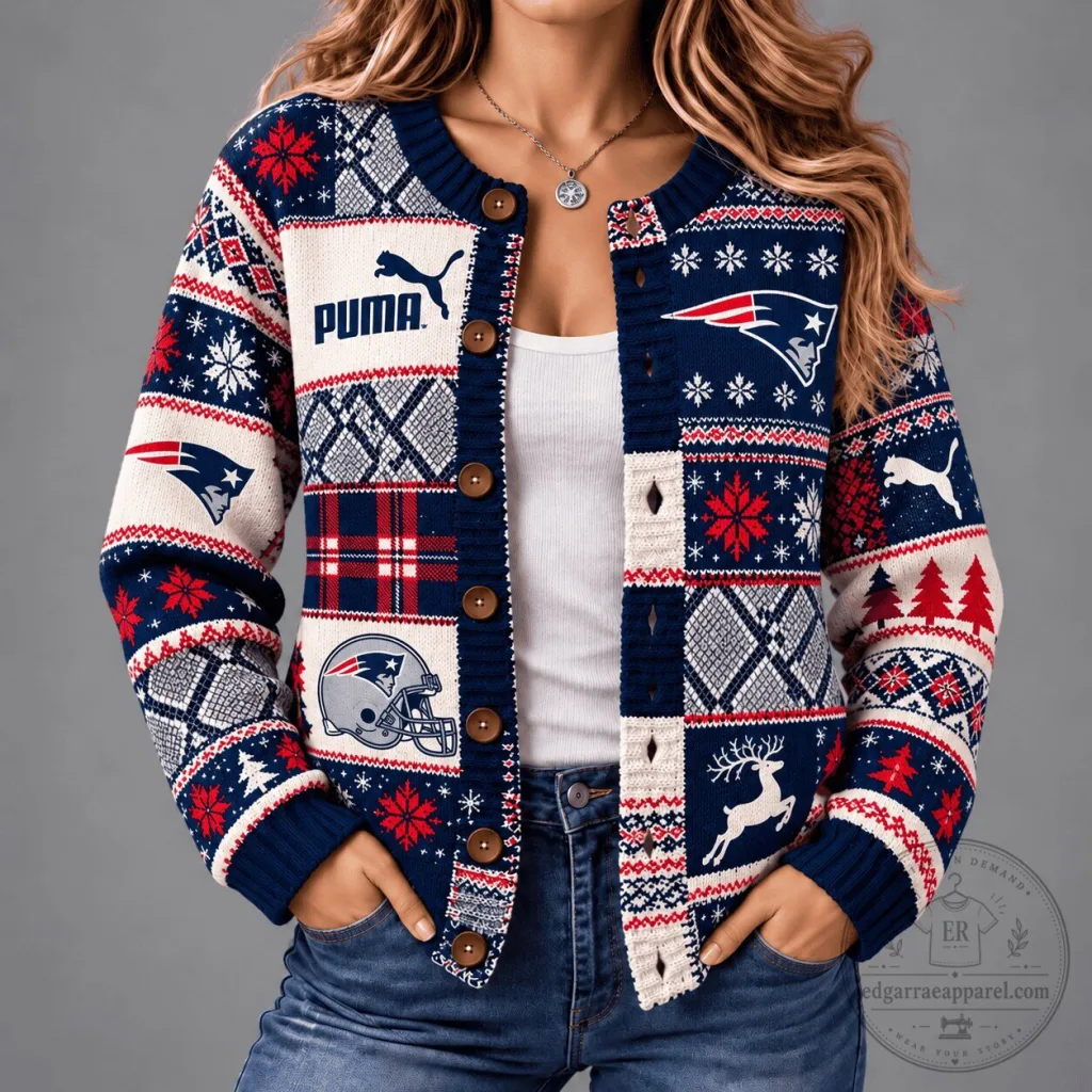 New England Patriots Christmas Patchwork Ugly Sweater Cardigan for Women New England Patriots Christmas Patchwork Ugly Sweater Cardigan for Women