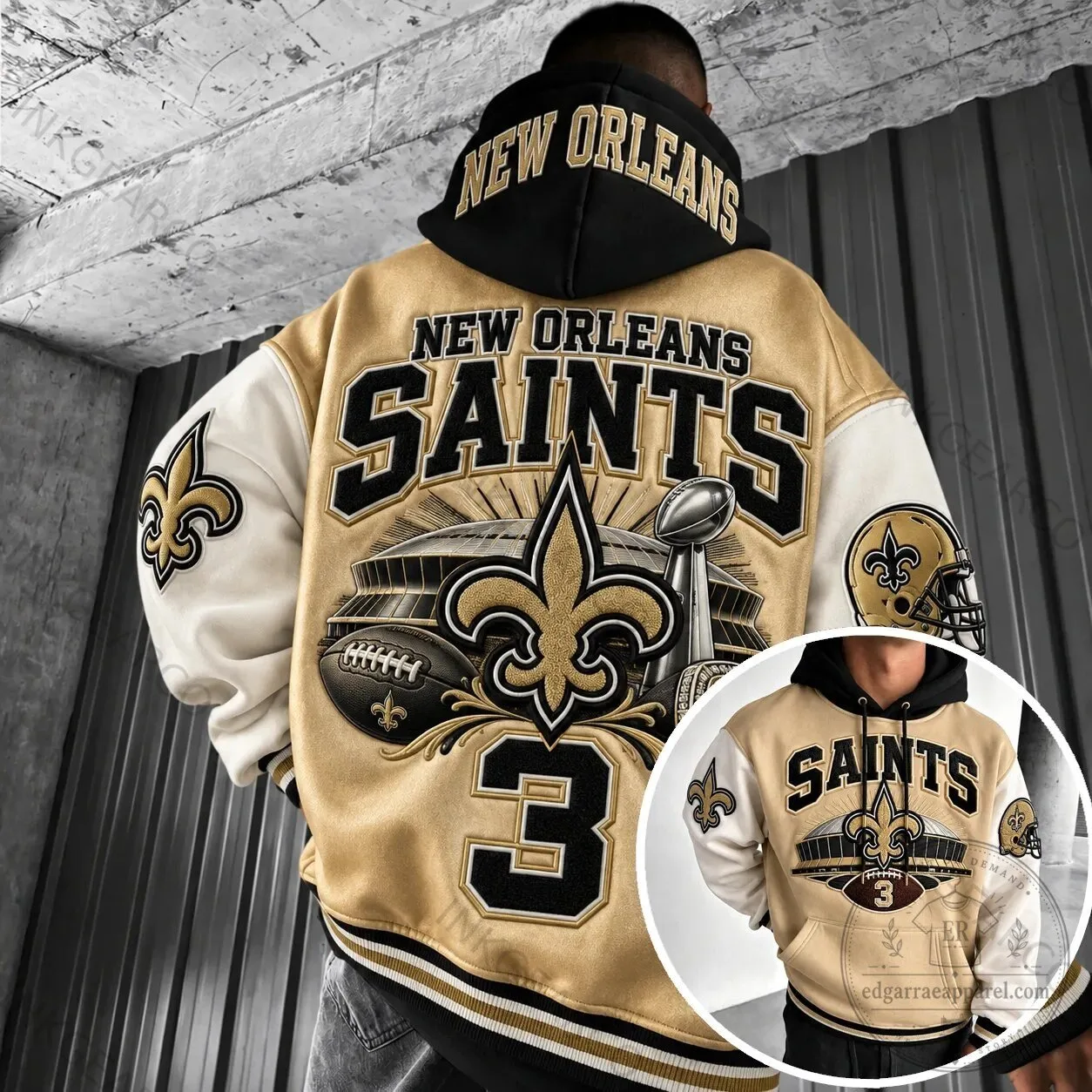New Orleans Saints Football Team Gold and Black Varsity Jacket Hoodie
