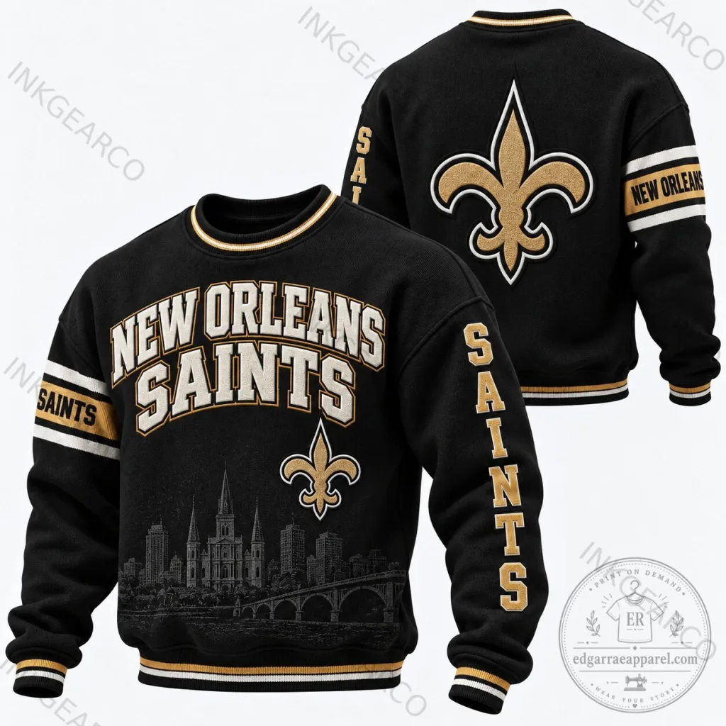 New Orleans Saints Football Team Black Skyline Gold Logo Striped Sweatshirt New Orleans Saints Football Team Black Skyline Gold Logo Striped Sweatshirt