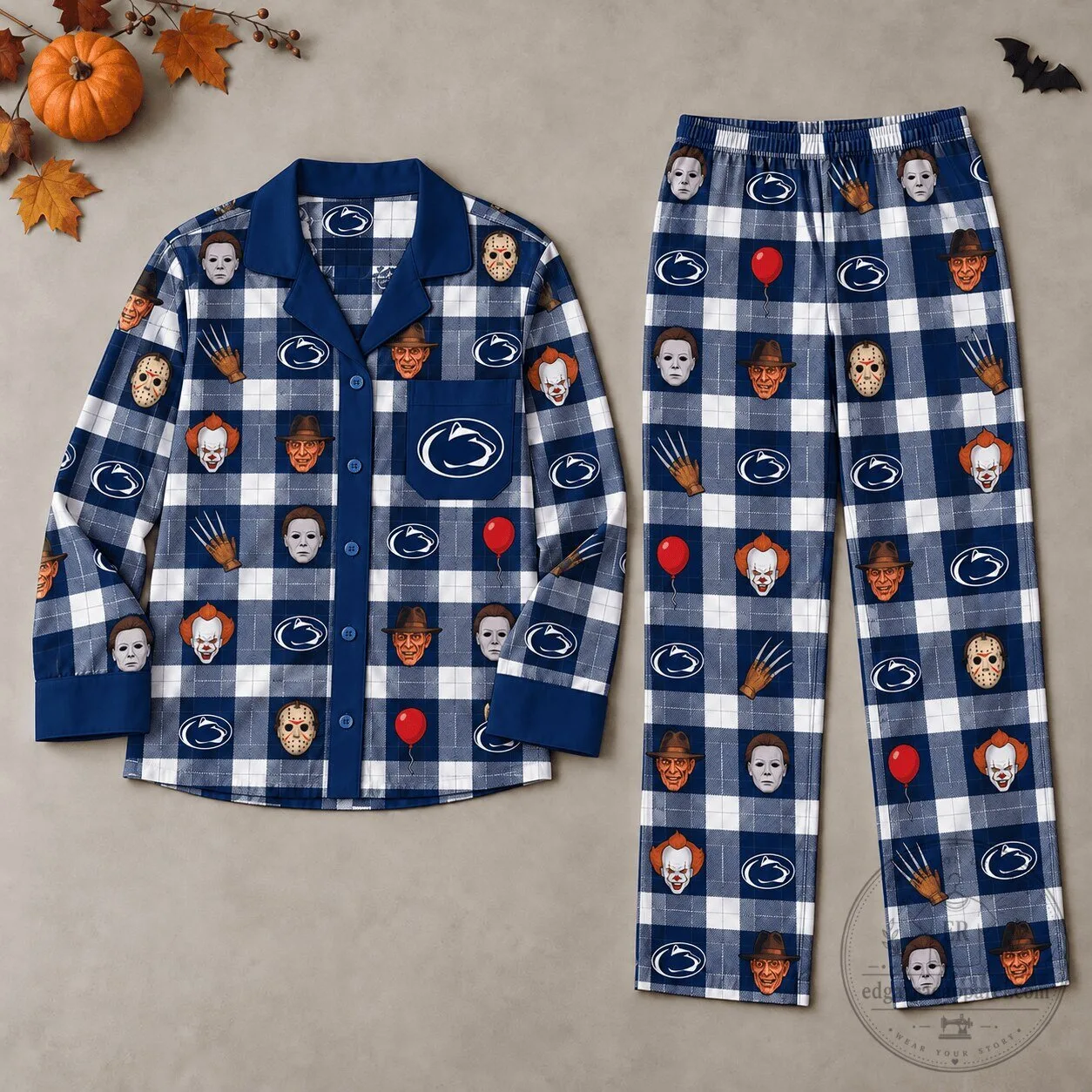 Penn State Nittany Lions Halloween Horror Movie Characters Plaid Pajamas Set
