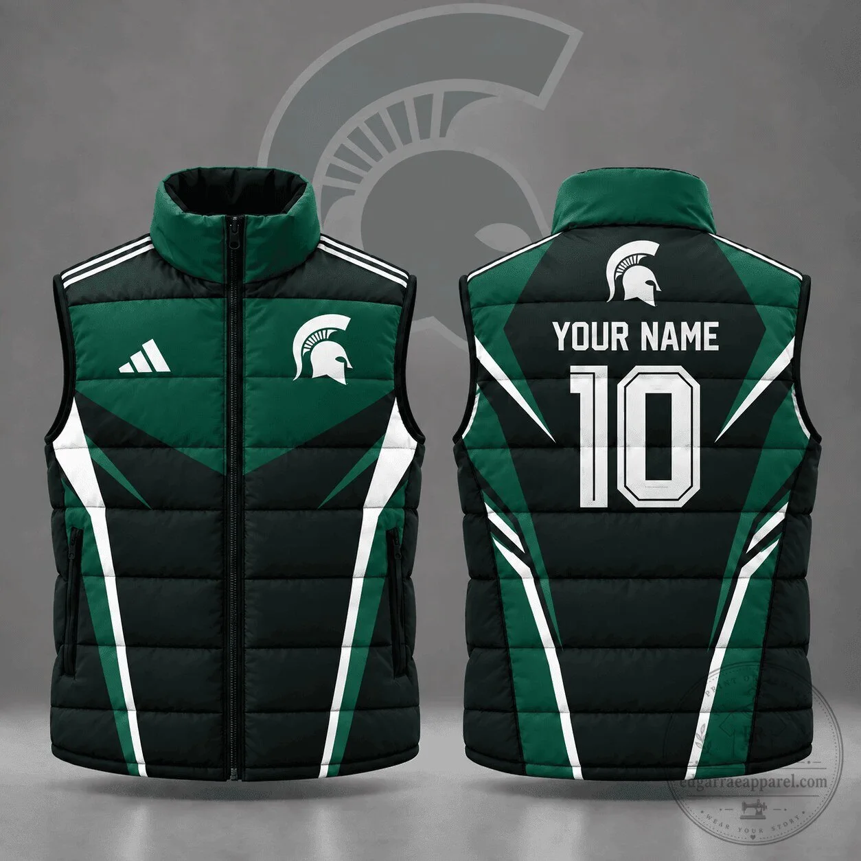 Michigan State Spartans Custom Name Number Geometric Colorblock Puffer Vest